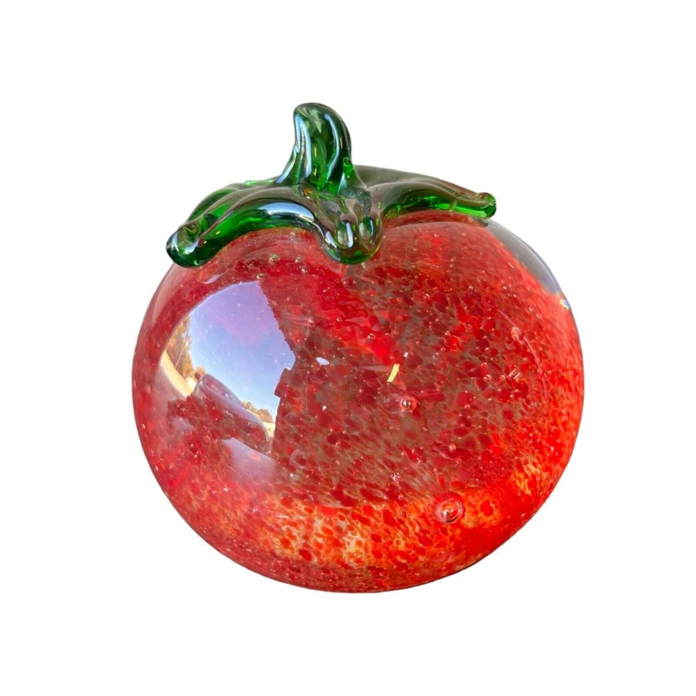 Vintage Art Glass Red Apple Paperweight Swirl Splatter Handblown 2.75" H